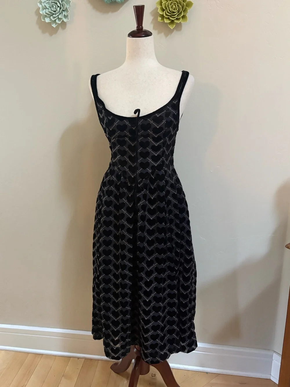 NWT Free People Freya Black Velvet Hearts Midi Dress with Side Slit S